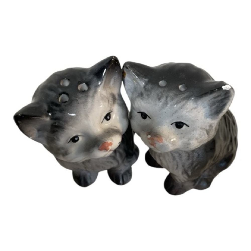 Vintage Gray Cat Salt And Pepper Shakers Ceramic Set